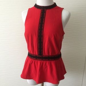Bebe Red Top With Black lace Detail